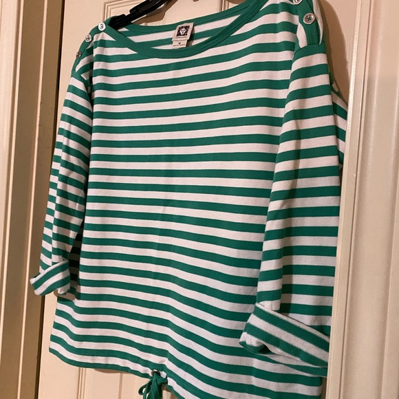 Anne Klein  Women's Medium Pullover Sweater Top Green & White Stripe Drawstring - Picture 8 of 8